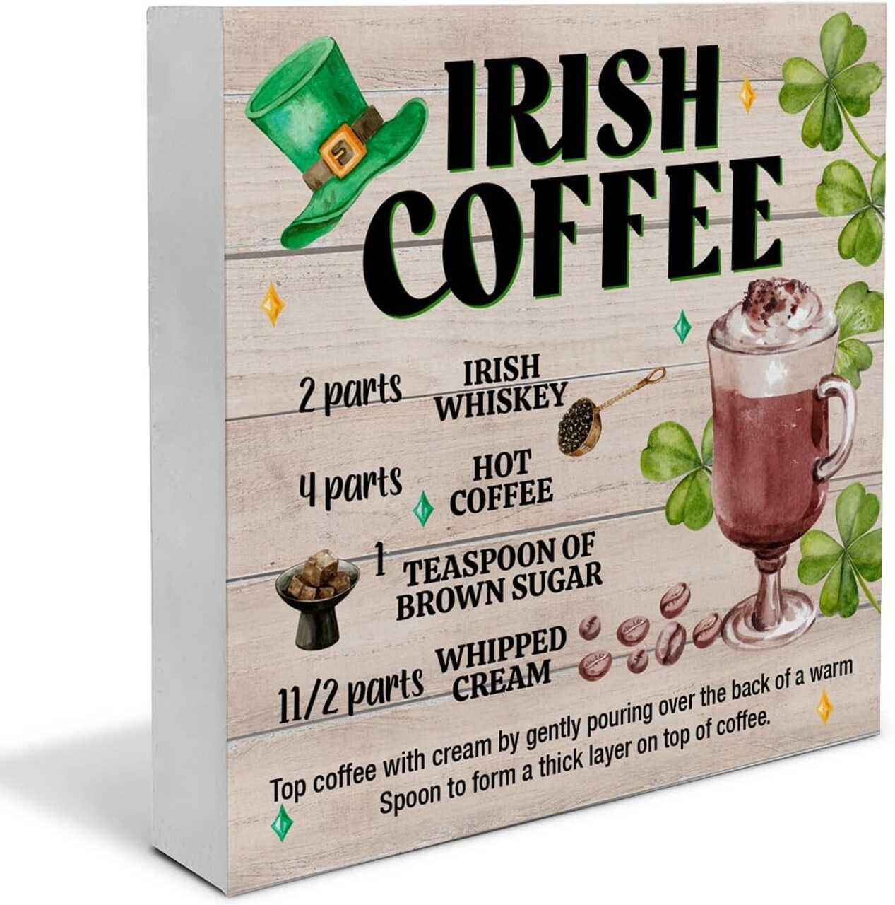 St. Patricks Day Decor, Rustic Irish Coffee Wood Block Sign St Patricks Day Decorations Home Kitchen Tabletop Shelf Desk Decor, 5 X 5 Inches